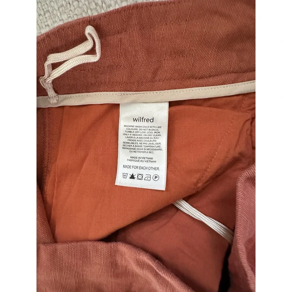 Aritzia Wilfred Allant Cropped Linen Pants Sz 2 Tie Waist Buttons Fly Rust Orang